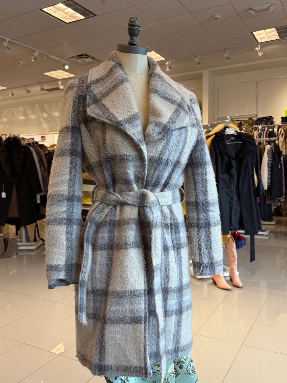 Johnston & Murphy Gray and Cream Plaid Belted Trench Coat